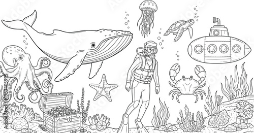 Underwater ocean doodle collection set with whale diver submarine jellyfish turtle crab coral and sea life elements coloring page style isolated on white background