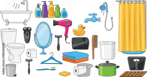 Bathroom accessories collection set with shower bathtub sink mirror toiletries and hygiene items isolated on white background for home interior design