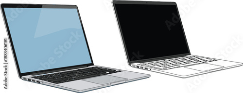 Laptop computer collection set with open devices in different screen states modern technology equipment isolated on white background for business and office use