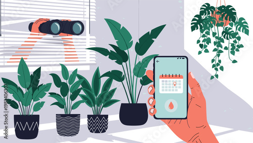 Modern lifestyle scene shows someone managing plant care via a smartphone app while another person spies through blinds with binoculars.