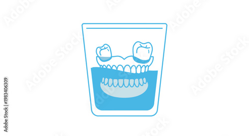 Illustration of a set of dentures soaking in a glass of water, representing dental hygiene and care.