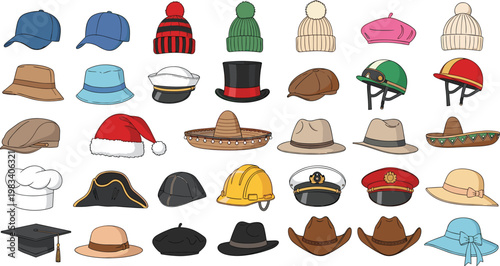 Hat collection vector set with various headwear styles including cap beanie helmet cowboy sombrero and fashion hats isolated on white background