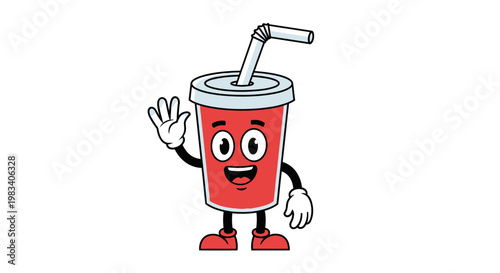 A cheerful cartoon red soda cup character with a straw, eyes, mouth, arms, and legs, happily waving its hand.