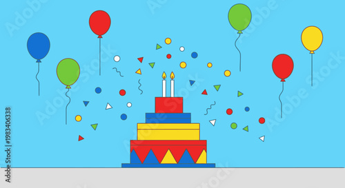 A vibrant flat design illustration of a multi-tiered birthday cake with candles, surrounded by colorful balloons and falling confetti on a light blue background.