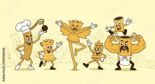 A whimsical illustration featuring various anthropomorphic pasta characters, including a chef, a dancer, and a strongman, all in a playful cartoon style.