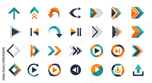 A comprehensive collection of modern flat design arrow and media player control icons in various styles and directions.