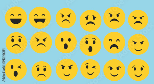 A collection of 18 yellow circular emojis displaying a wide range of human emotions and facial expressions on a light blue background, representing various states of mind.