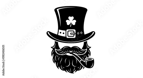 A charming stylized character illustration featuring a classic black top hat adorned with a lucky clover, a magnificent beard, and an iconic smoking pipe, embodying the spirit of Irish folklore