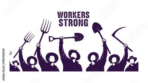 Workers Strong: Silhouetted figures of workers stand united, their tools raised high in a symbol of solidarity and strength. This powerful image captures the essence of labor, hard work.