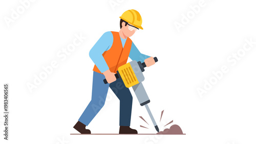 Construction Worker in Action: A construction worker, equipped with a helmet and protective gear, diligently operates a jackhammer, breaking ground with precision.