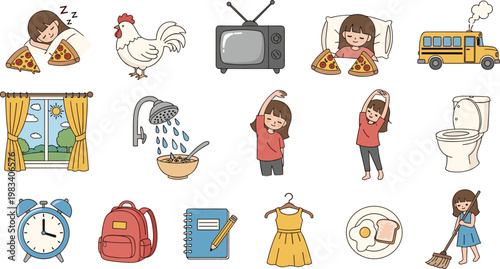 Daily routine kids activity collection set with morning evening habits including eating sleeping studying cleaning and school life elements isolated on white background