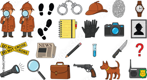 Detective investigation elements collection set with magnifying glass fingerprints police tape camera clues and forensic tools isolated on white background