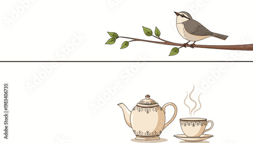 Charming two-part illustration shows a bird on a branch above a horizontal line and a steaming teapot with a cup of tea below it.
