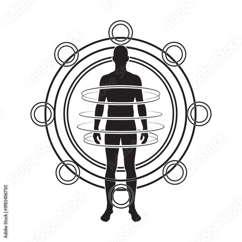 full body human silhouettes solid black shape surrounded by circular rings futuristic concept