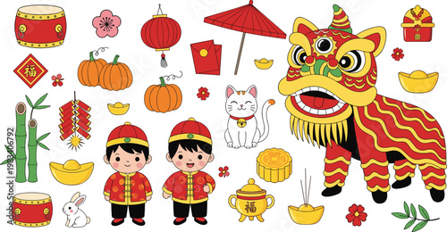 Chinese New Year collection set with lion dance lanterns lucky cat children costumes and traditional festive elements isolated on white background