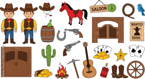 Wild west cowboy collection set with sheriff star horse saloon doors revolver boots cactus and western elements isolated on white background