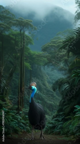 Lush tropical rainforest wildlife serene close-up of a majestic cassowary