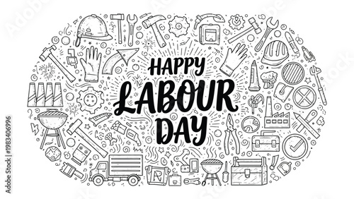 Happy Labour Day: Celebration of labor and workers with a montage of tools. A symbolic display of the tools and elements that represent hard work and the contributions of workers.