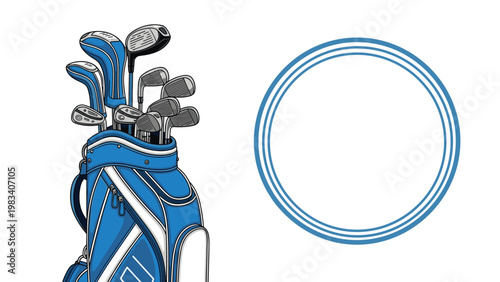 Professional blue and white golf bag filled with various metal clubs stands next to a triple-ringed circular frame for text.