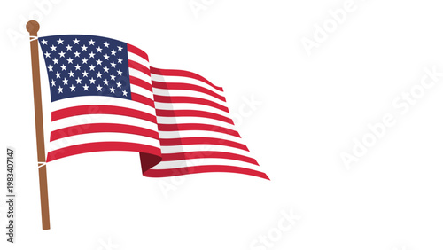 Iconic American flag with stars and stripes waves majestically on a wooden pole against a clean white background.