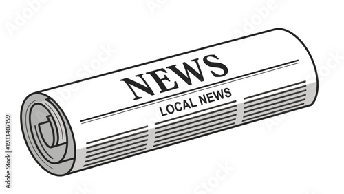 Classic rolled up newspaper titled Local News provides the latest headlines and daily information on a plain white background.