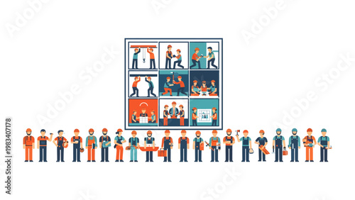 Constructing Dreams: A mosaic of construction worker icons, each diligently engaged in diverse tasks.