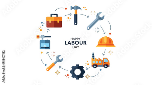 Labour Day Celebration: A creative composition celebrating Labour Day, incorporating diverse tools and equipment arranged in a circular design to represent the spirit of industry and dedication.