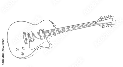 Line drawing of a six-string electric guitar with double cutaway body and two pickups