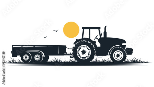 Striking silhouette of a farm tractor with a large trailer sits in a grassy field under a bright orange setting sun.