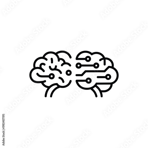 Dual nature brain concept illustration showing organic biological hemisphere merged with digital electronic circuit board side.
