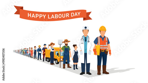 Happy Labor Day: A vibrant illustration depicts a diverse array of workers, symbolizing the collective contribution to society, with a banner proclaiming Happy Labor Day above.
