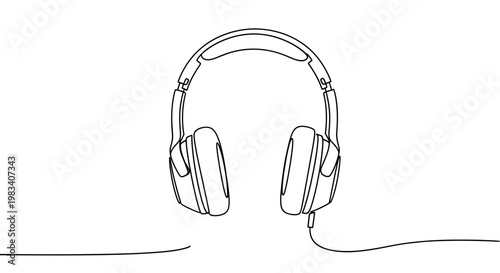 Continuous line drawing of wired over-ear headphones on a white background
