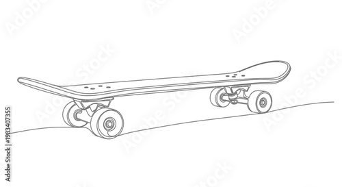 A single-line drawing of a skateboard with four wheels resting on a curved surface