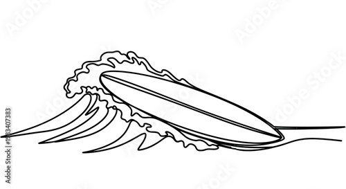 Minimalist line art of a surfboard riding a wave