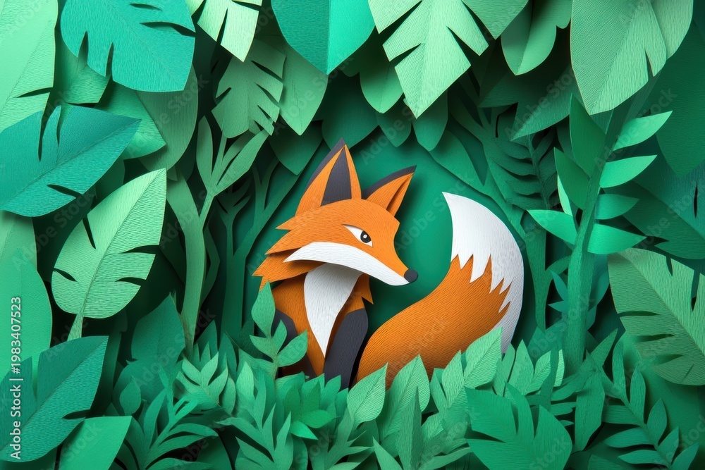 Fototapeta premium Charming fox in lush forest scene created with paper art in vibrant colors and 3D cutout design