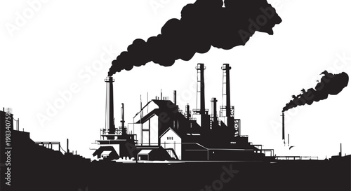 Black and white silhouette of oil refinery with tall flare stack and storage tanks oil refinery silhouette