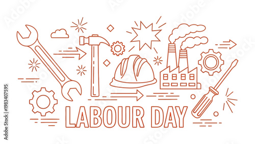 Labor Day Essentials: An eye-catching graphic featuring industrial tools, equipment, and factory, embodying the spirit of Labor Day.
