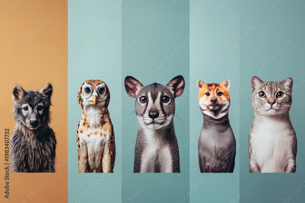 Fototapeta premium Wild animals gaze at camera in minimal graphic layout capturing attention through eye contact