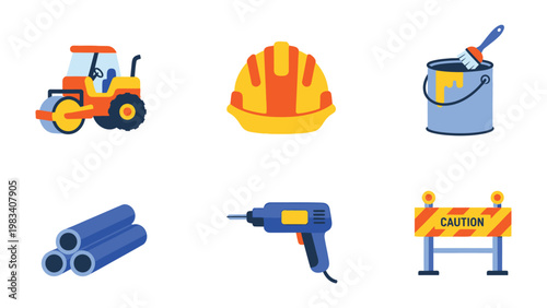 Construction Tools Collection: A curated collection of essential construction tools, including a road roller, safety helmet, paint bucket, metal pipes, a drill, and a caution sign.