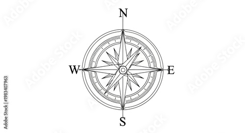 A monochrome line drawing of a compass rose, detailing cardinal points N, S, E, W