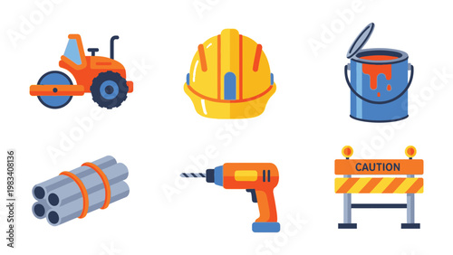 Construction Icons: A collection of various construction tools and equipment, essential for building and development, each element precisely depicted to capture the essence of industry.