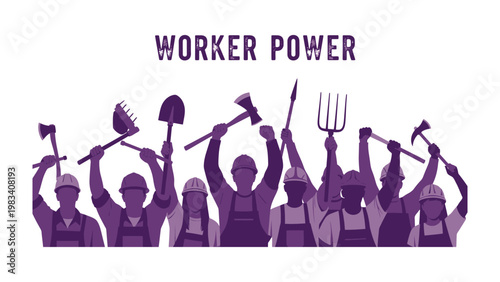 Workers United: A silhouette of diverse workers holding up tools of their trade, a symbol of solidarity and collective strength.