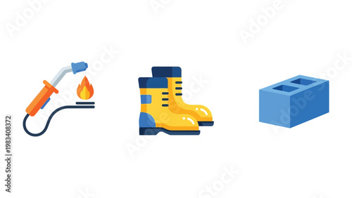 Welding, safety shoes, Concrete block: A collection of symbolic graphics representing the tools and elements involved in construction and trades, emphasizing the essential components
