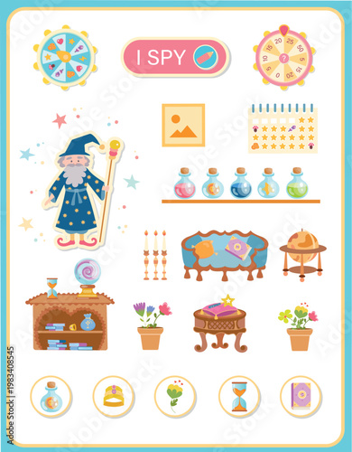 Cute wizard themed “I Spy” hidden object game for kids. Find objects in a magical room filled with potions, spell books, furniture, and fantasy decor. Bright cartoon style illustration.