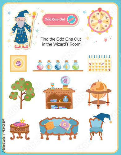 Wizard's room find the odd one out activity page for kids. Educational logic game with magic potions, crystal ball, wizard character, and mystical furniture.