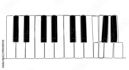 A stylized, single-line drawing of black and white piano keys against a white background