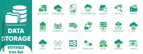 Data Storage Icon Set. computing, database, firewall, global, hosting, integration, management, and solid icons.