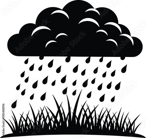 Heavy rain from cloud over grass, atmospheric weather condition