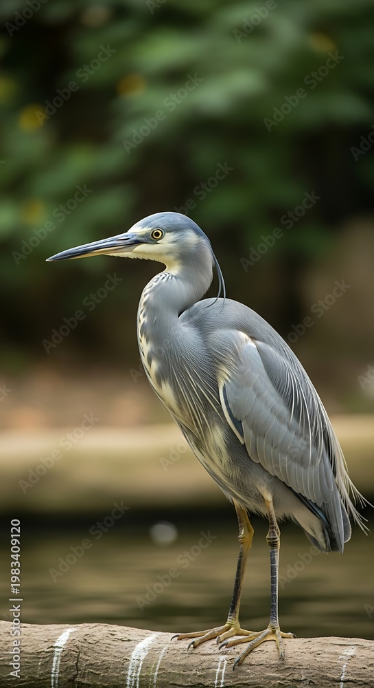 Fototapeta premium Elegant White-faced Heron Perched on Log in Natural Habitat.