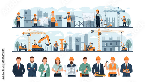 Construction Project Illustration: A dynamic illustration depicting a bustling construction site, showcasing workers, equipment, and structures, all working harmoniously towards a common goal. 